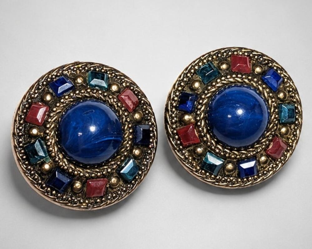 Etruscan Style Clip-on Earrings Bue Green Rust 1.75" LG Lucite‎ Gold-tone bc66